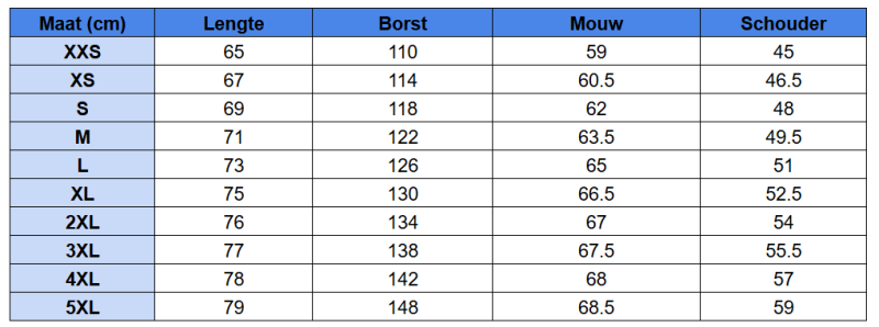 EverWarm Jas Maten Tabel