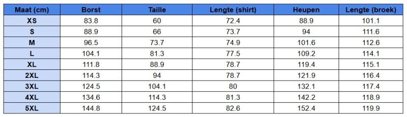Maattabel voor pyjamasets