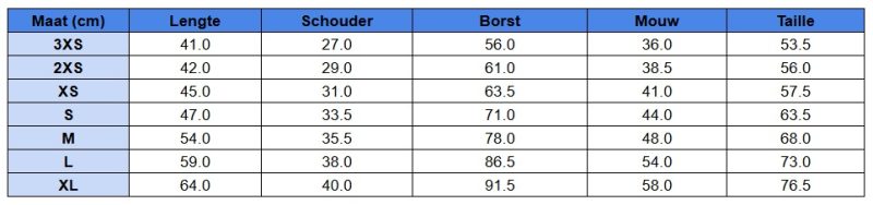 Maattabel voor pyjamasets